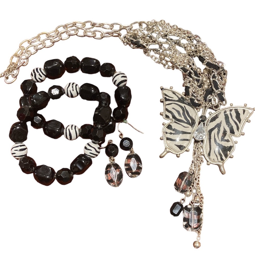 Vintage Fashion Jewelry Set Zebra Butterfly Necklace, Bracelet & Earrings 3pc